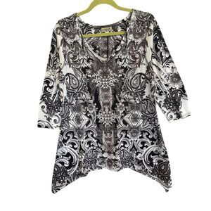 One World Women's L Black Paisley Tunic Top‎ V-Neck 3/4 Sleeve Casual